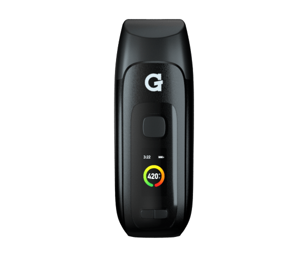 G Pen Dash+ Vaporizer front view with LED display showing 420°F, compact and portable design