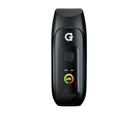 G Pen Dash+ Vaporizer front view with LED display showing 420°F, compact and portable design