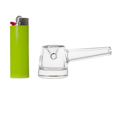 MJ Arsenal Deco Hand Pipe with Clear Glass - Front View Beside Green Lighter