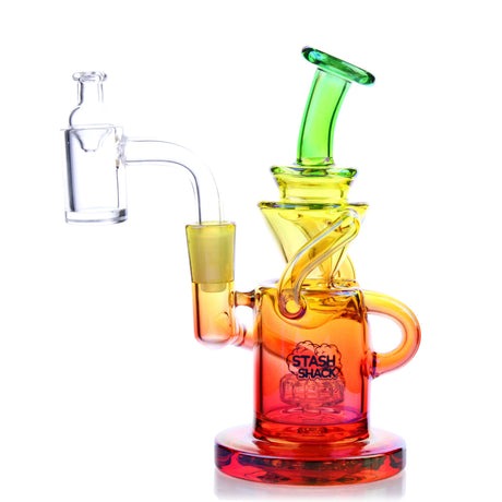 Desert Rose Mini Rig by The Stash Shack, side view, with vibrant rainbow colors and a showerhead percolator