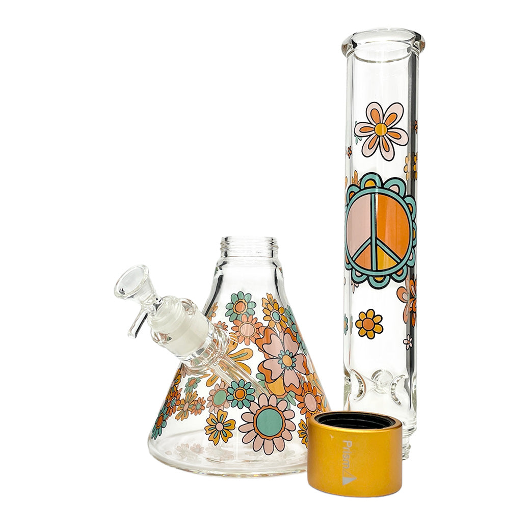 Prism Flower Power 17.8" Beaker Bong with Gold Halo, Clear Glass and Floral Design - Front View