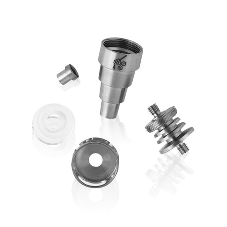 Honeybee Herb Titanium 6 in 1 Hybrid Dab Nail, versatile for e-rigs, top view on white