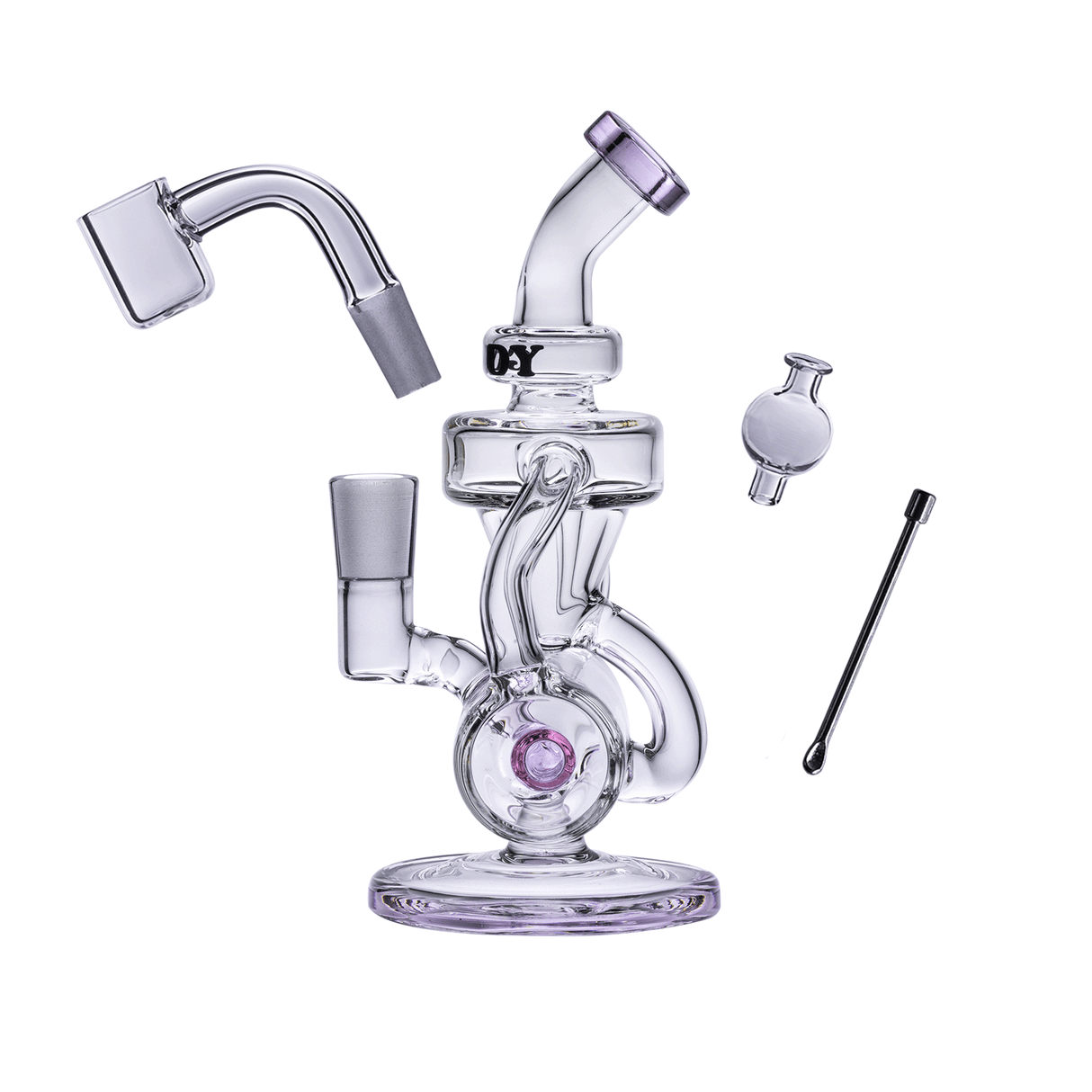 Goody Glass Drummer Boy Mini Dab Rig in Pink with Quartz Banger, Front View