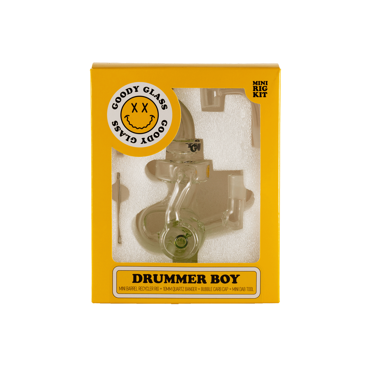 Goody Glass Drummer Boy Mini Dab Rig Kit in packaging with accessories, front view
