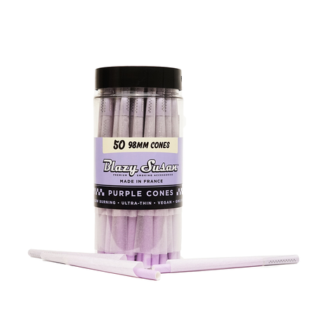 Blazy Susan Purple Paper Cones 98mm 50-pack displayed in clear cylinder with two cones out