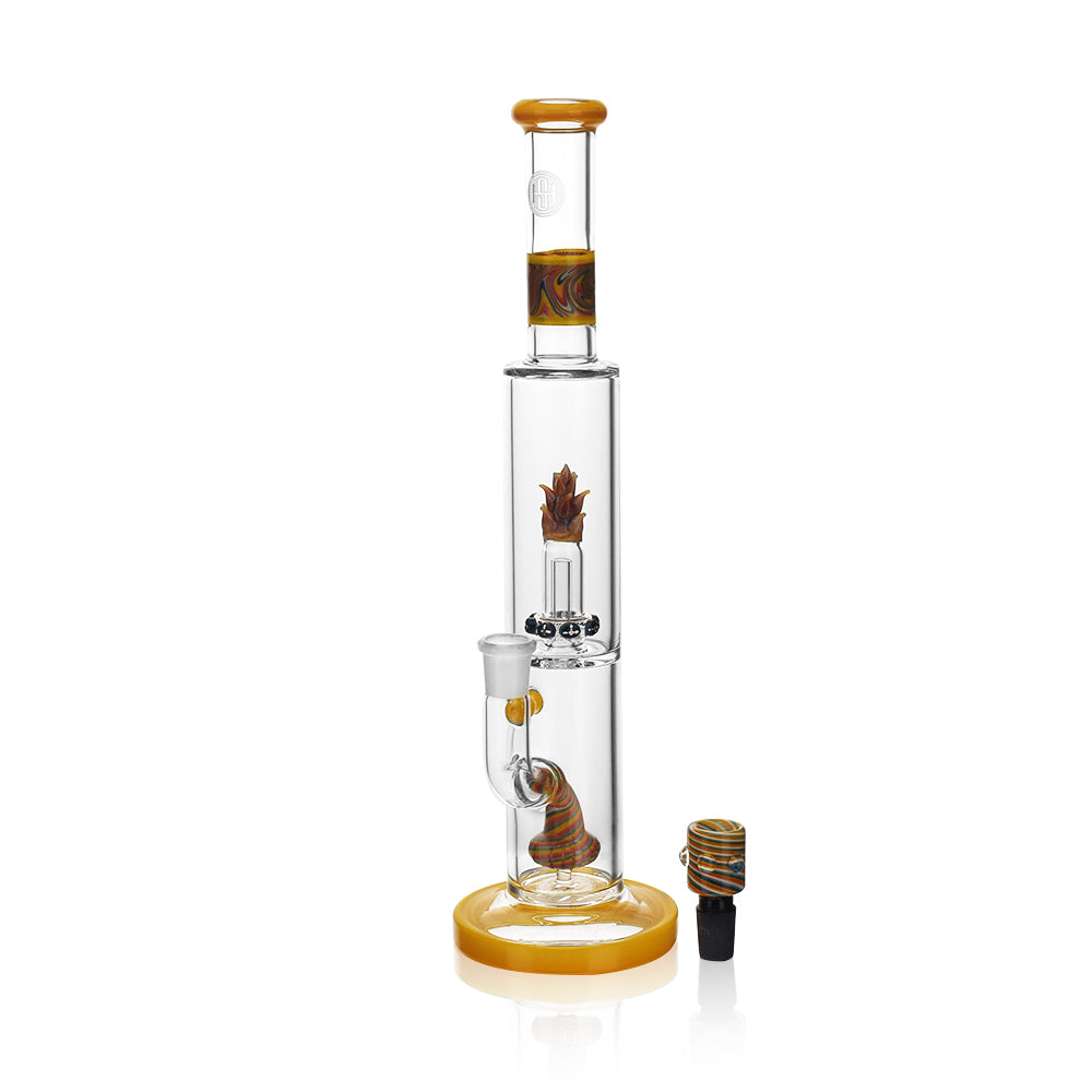 High Society Cygnus Premium Wig Wag Waterpipe in Canary Yellow with intricate glass patterns, front view