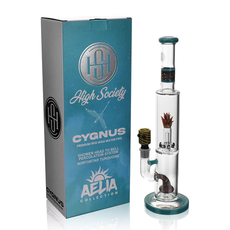 High Society Cygnus Wig Wag Waterpipe in Turquoise with Box, Front View
