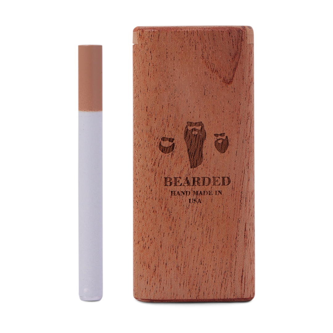 Bearded Distribution Slide-Top Wooden Dugout with Glass One-Hitter, Front View, USA Made