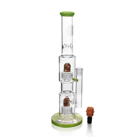 High Society Gemini Wig Wag Waterpipe in Green with intricate glasswork, front view on white background