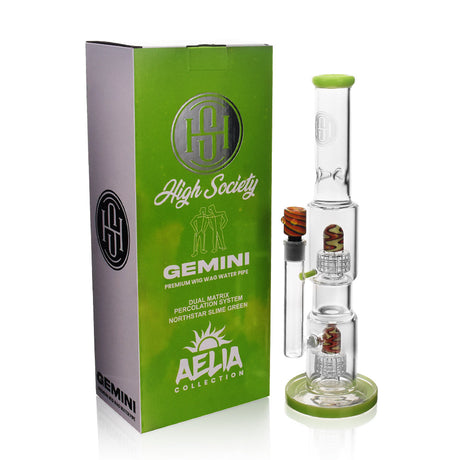 High Society Gemini Premium Wig Wag Waterpipe in Green with Box, Front View