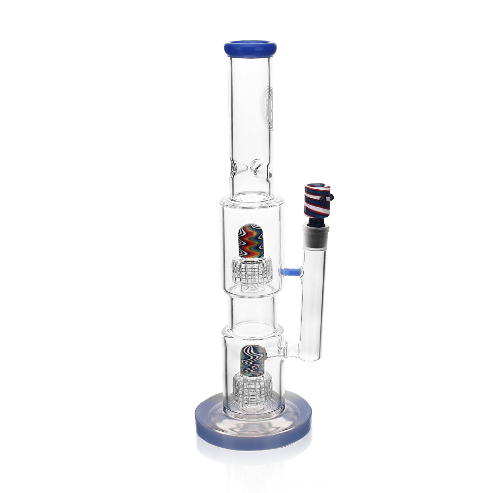 High Society Gemini Premium Blue Wig Wag Waterpipe with intricate glasswork, front view on white background