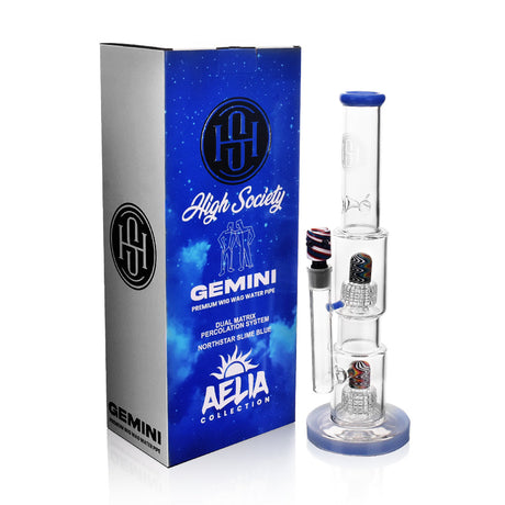 High Society Gemini Premium Wig Wag Waterpipe in Blue with Box - Front View