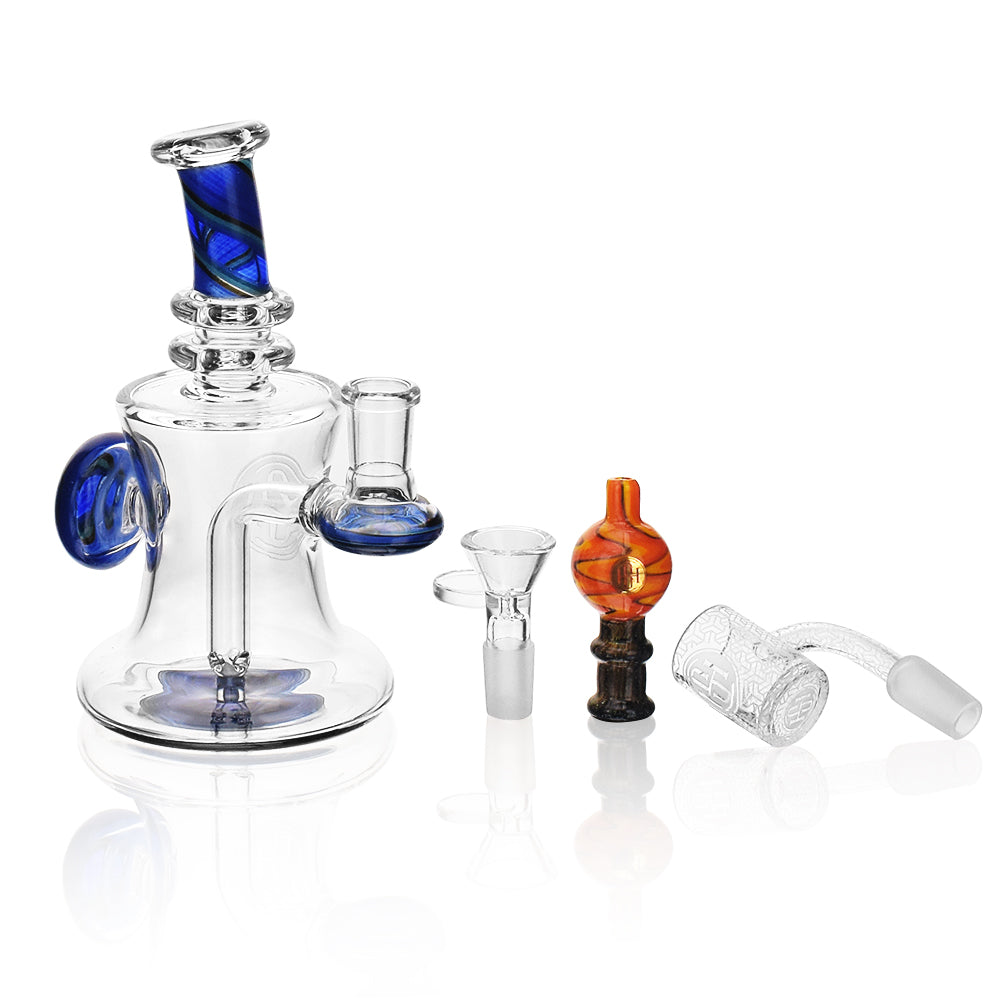 High Society Astara Blue Wig Wag Concentrate Rig with glass accessories on white background