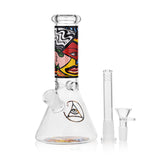 Ritual Smoke Atomic Pop 8" Glass Beaker with colorful lips design, front view on white background