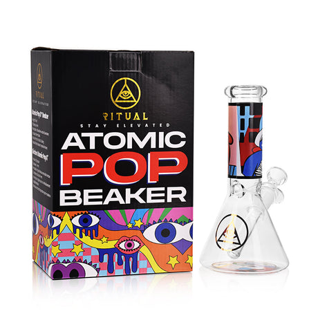 Ritual Smoke Atomic Pop 8" Glass Beaker front view with colorful packaging