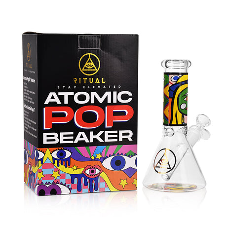 Ritual Smoke - Atomic Pop 8" Glass Beaker - Front View with Colorful Box