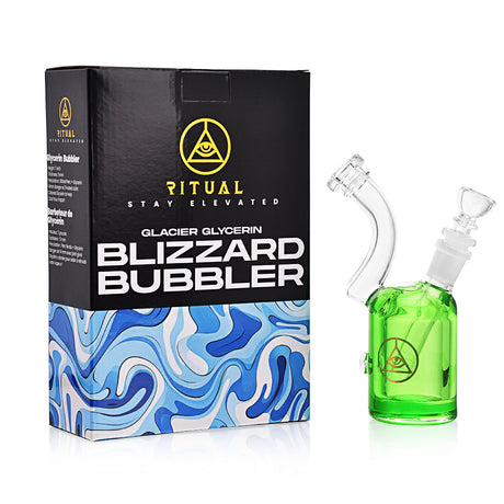 Ritual Smoke Blizzard Bubbler in Green with Box, Angled View, Compact and Portable