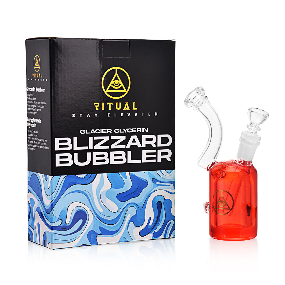 Ritual Smoke - Blizzard Bubbler in Red - Side View with Box, Portable Glass Smoking Device