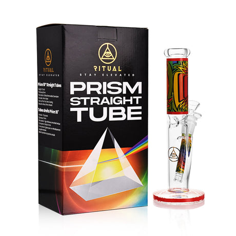 Ritual Smoke Prism 10" Glass Straight Tube in Crimson with Box, Front View