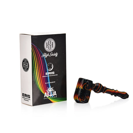 High Society Eris Wig Wag Bubbler in Black Rainbow V1 with packaging, angled side view
