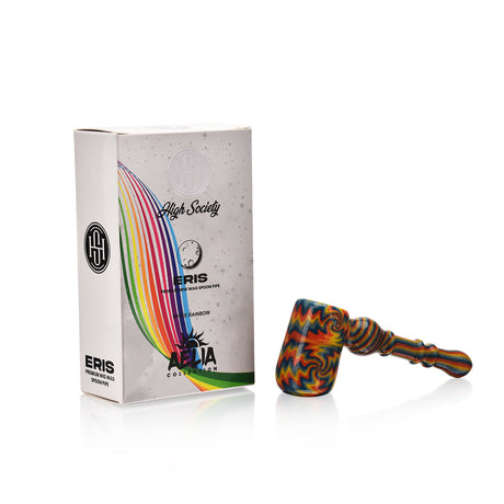 High Society Eris Wig Wag Bubbler in White Rainbow with Packaging, Side View