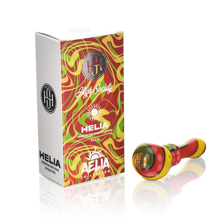 High Society Helia Wig Wag Spoon Pipe in Rasta colors with packaging, angled view