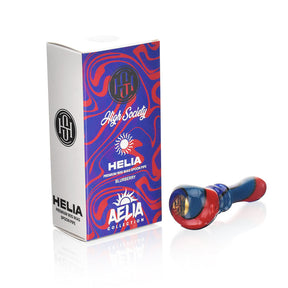 High Society Helia Wig Wag Spoon Pipe in Blurberry, Side View with Packaging