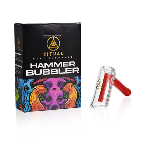 Ritual Smoke Hammer Bubbler in Crimson beside its vibrant packaging, angled right view