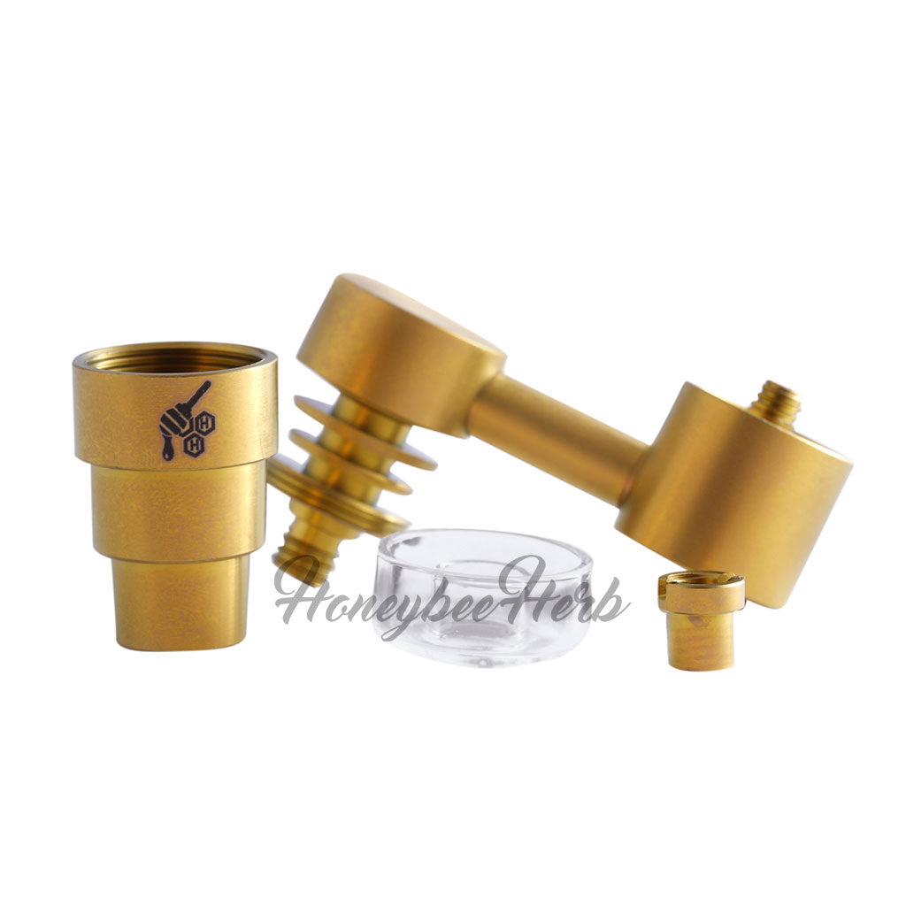 Honeybee Herb Titanium 4 in 1 Sidecar Hybrid Banger for Dab Rigs, Gold Variant, Isolated View