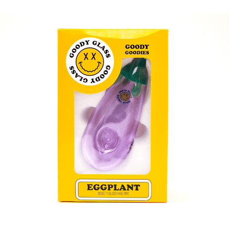 Goody Glass Eggplant Hand Pipe in packaging, front view, novelty glass pipe for smoking