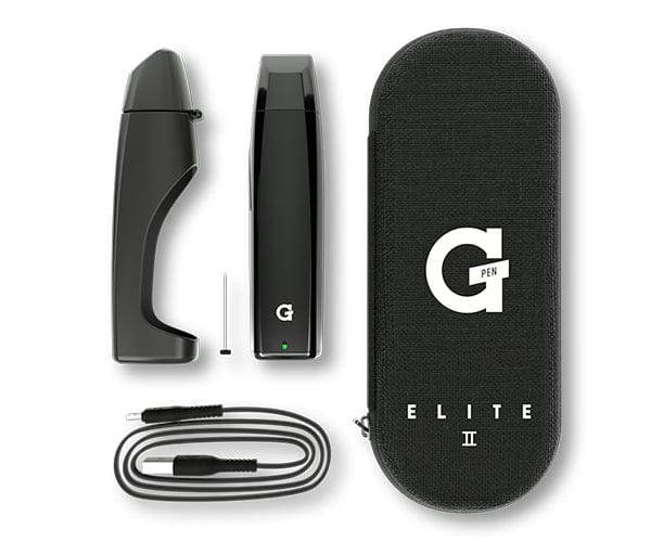 G Pen Elite II Vaporizer with accessories and carrying case, top view on white background