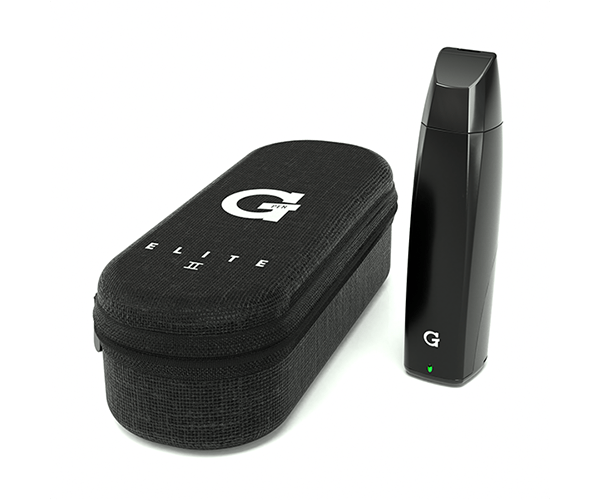 G Pen Elite II Vaporizer with protective carrying case, angled right view, LED display on