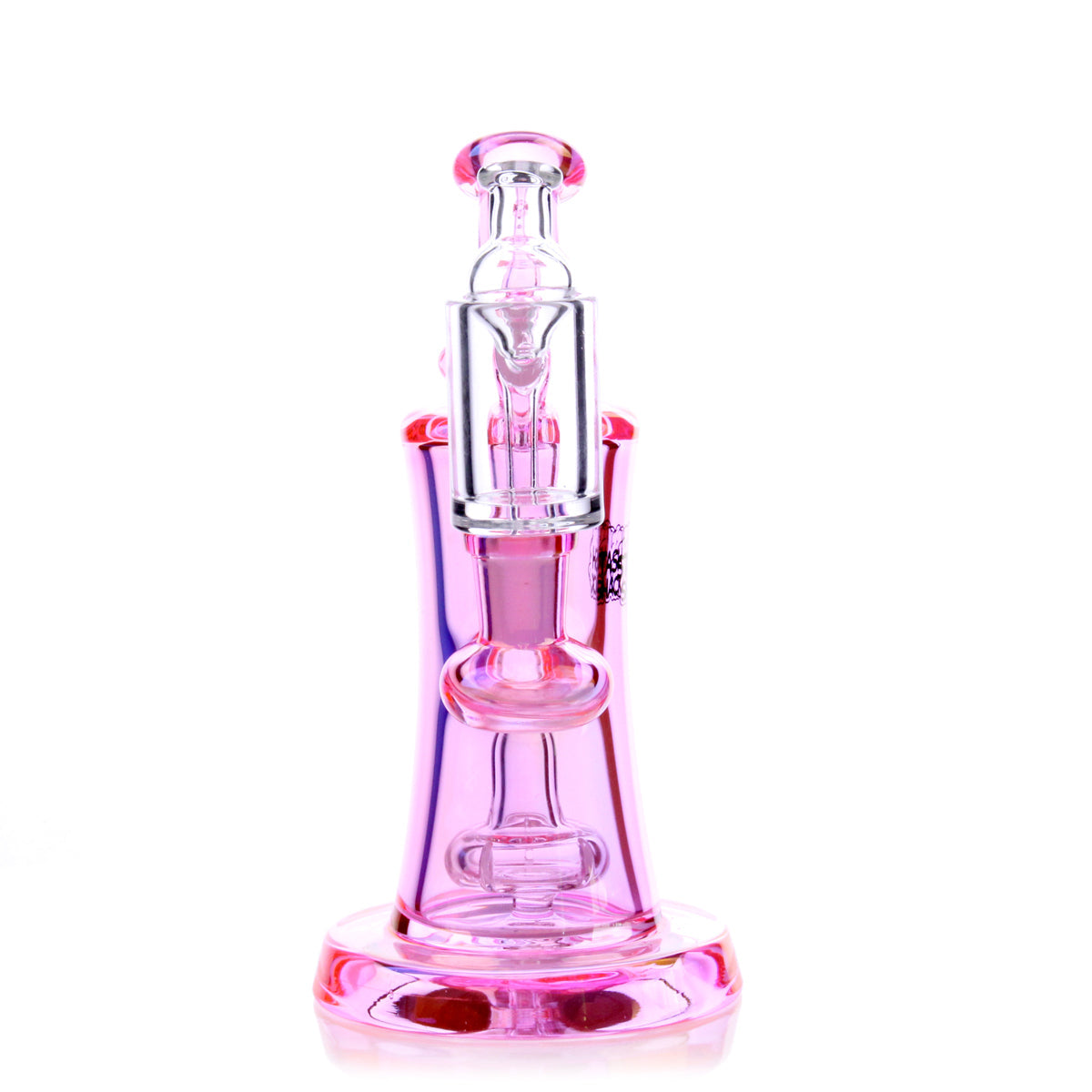 Elysian Mini Rig in pink borosilicate glass, portable 5.5" dab rig with banger hanger, front view