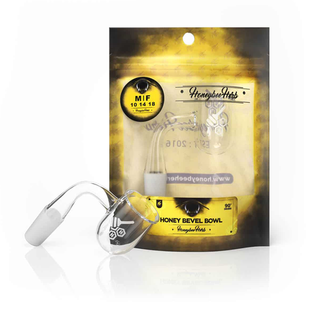 Honeybee Herb Banger with Yellow Line, 14mm 90 Degree Joint - Front View on Packaging