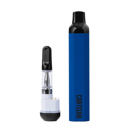 Cartisan Veil Pen vaporizer in blue, sleek portable e-rig for wax, front view on white background