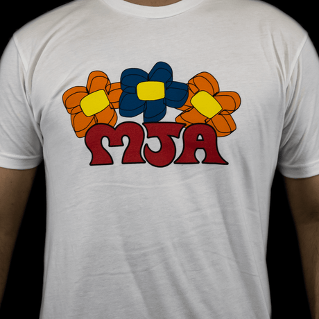 MJ Arsenal Flower Power Shirt front view with colorful logo on white cotton fabric