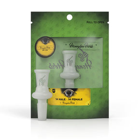 Honeybee Herb Glass Converter Adapter, 14 Male to 14 Female, Frosted Finish, Front View on Packaging