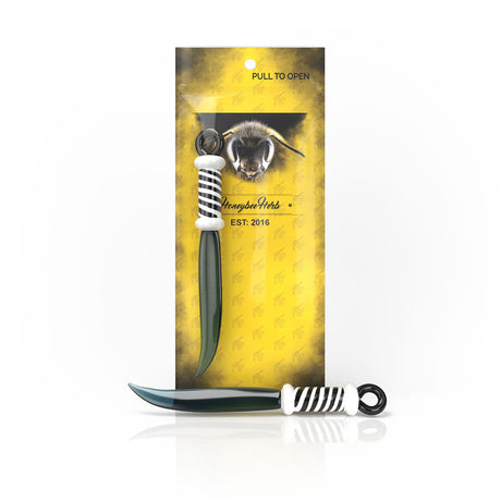 Honeybee Herb Glass Sword Dab Tool in Green with Novelty Design - Front View on Packaging