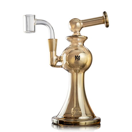 MJ Arsenal Gold Apollo Mini Rig LE, compact design with 10mm banger hanger, side view on white