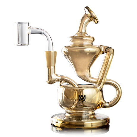 Gold Claude Mini Rig by MJ Arsenal, compact recycler dab rig with 90-degree banger hanger, front view
