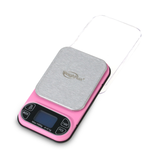 WeighMax Precision 2T-1000 Digital Scale in Pink, 0.1g Sensitivity, Top View with Open Lid