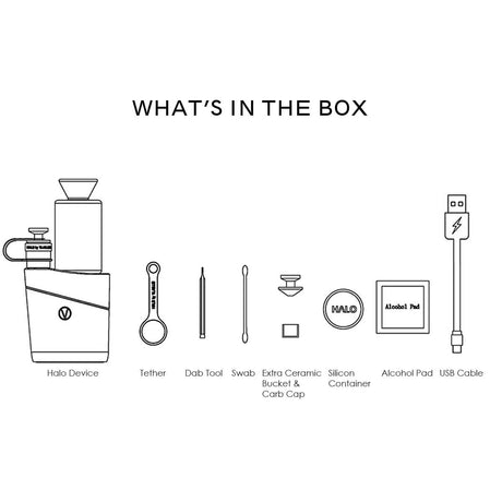 VLAB HALO Vaporizer Kit contents display with device, dab tool, swab, bucket, container, pad, cable
