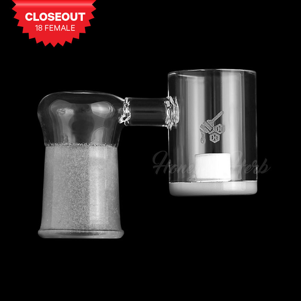 Honey & Milk Core Reactor Sidecar Quartz Banger at 90° angle, 18mm Female joint, clear view on black