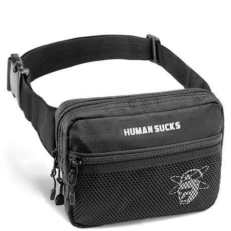 HUMANSUCKS Fanny Pack in black with adjustable strap and front zipper compartment