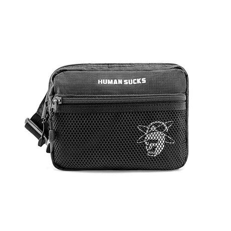 HUMAN SUCKS black fanny pack with mesh design and logo, front view on white background