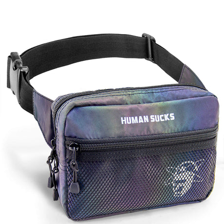 HUMAN SUCKS Reflect Fanny Pack with Adjustable Strap and Zippered Pockets - Front View