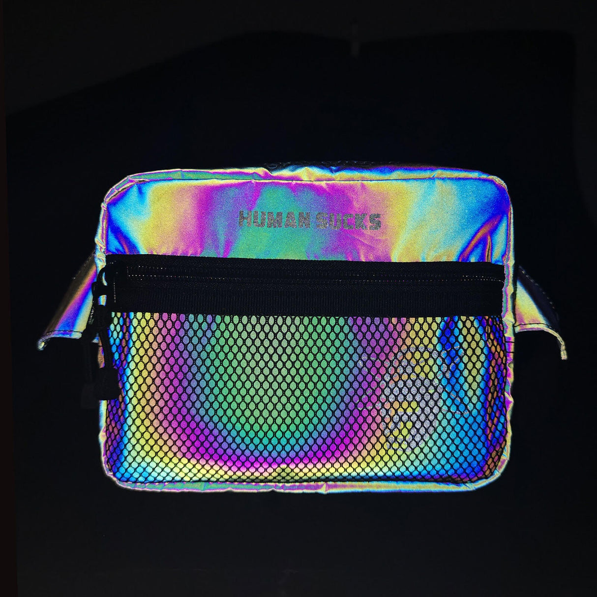 HUMANSUCKS Reflect Fanny Pack with Iridescent Finish and Front Mesh Pocket