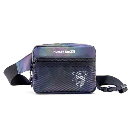 HUMAN SUCKS Reflect Fanny Pack in iridescent color, front view on a white background