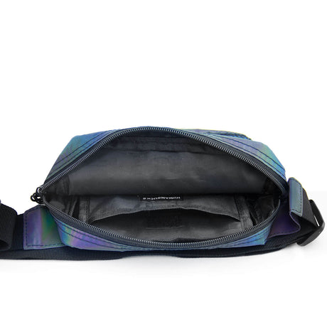 HUMANSUCKS Reflect Fanny Pack open view showing spacious interior, ideal for travel