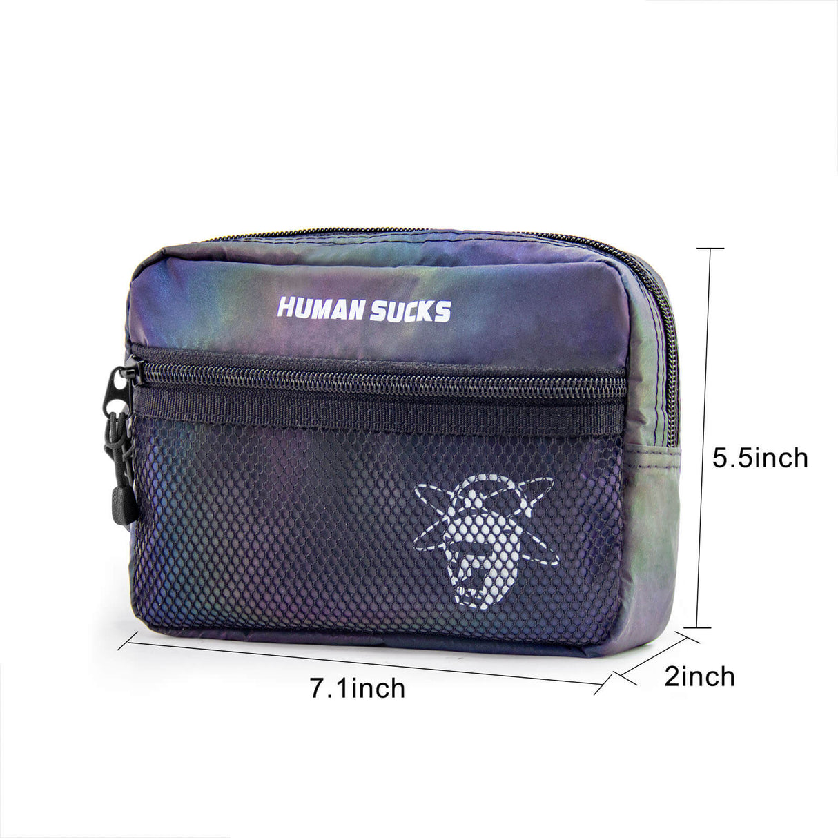 HUMANSUCKS Reflect Fanny Pack front view showcasing the iridescent design and dimensions